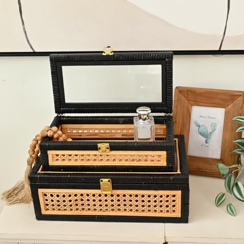 Black Rattan Decorative Wood Storage Boxes with Glass Lids Set of 2 - Image 3