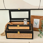 Black Rattan Decorative Wood Storage Boxes with Glass Lids Set of 2 - Image 3