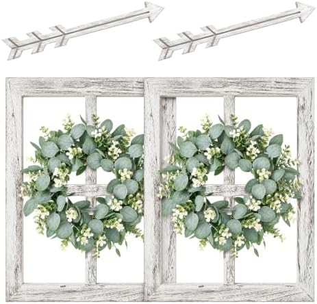 WAKOSAN Rustic Wood Window Frame Wall Decor with Wreath & Arrows, Set of 2 by WAKOSAN