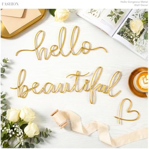 Hicarer Metal Hello Beautiful Wall Art Minimalist Wall Decor, Gold - Image 3