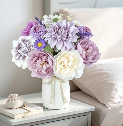 18Pcs Purple Fake Flowers with Vase, Silk Dahlias Purple Artificial Flowers - Image 7