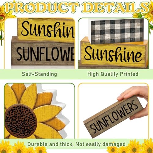 Yuntau 4 Pcs Sunflower Decorations, Wooden Block Sign Tiered Tray Decor - Image 6