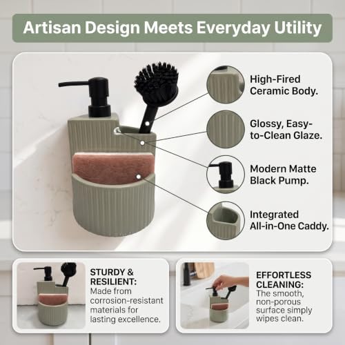 RQYIXI 3-in-1 Ceramic Round Soap Dispenser with Sponge Holder,Green,18 Oz - Image 3