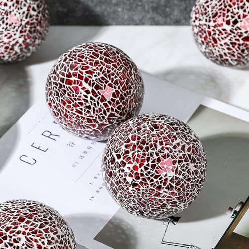 Decorative Glass Mosaic Sphere Balls, 3 Inch Diameter, Set of 5, Table Centerpiece (Red) - Image 3