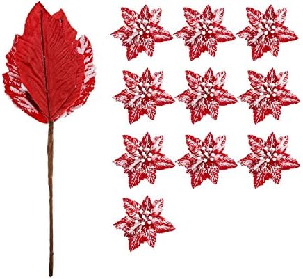 10 PCS Snow Poinsettia Stems, Large 10.6" Christmas Flowers, Red/White - Image 3