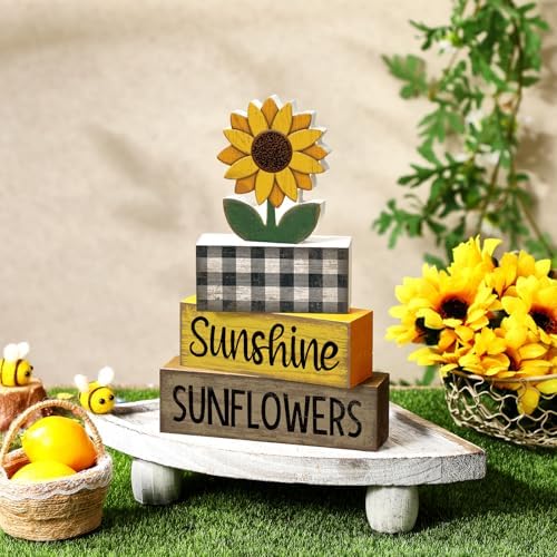 Yuntau 4 Pcs Sunflower Decorations, Wooden Block Sign Tiered Tray Decor - Image 2