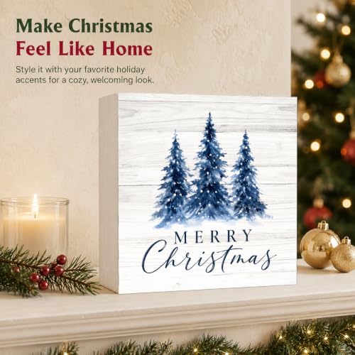 Christmas Decorations Blue Pine Trees Merry Christmas Wood Box Sign - Image 5