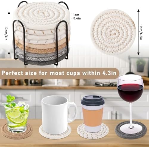 OIAHOMY 10 Pcs Drink Coasters with Holder, Boho Cotton Woven Coaster Set, Absorbent Coaster Protection for Various Cups, Ideal for Coffee Tables Home Decor and Gift, 4.3 Inches,Mixed Yellow - Image 2