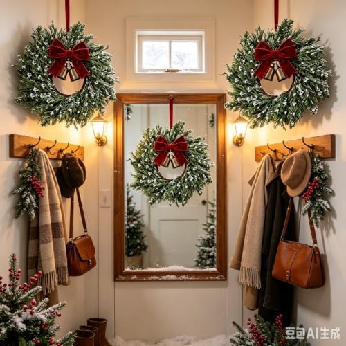 6 Set Christmas Hanging Wreaths Small Snow Flocked Artificial Cedar Wreaths with Red Velvet Ribbon Bronze Bells Mini Faux Greenery Wreath for Front Door Porch Cabinet Window Xmas Holiday Decorations - Image 6