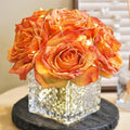 Silk Roses in Glass Vase with LED, Low Centerpiece for Table, Orange by YSZL