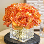 Silk Roses in Glass Vase with LED, Low Centerpiece for Table, Orange by YSZL