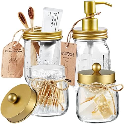 Amolliar Mason Jar Bathroom Accessories Set, 4 Pcs Glass Bathroom Set, Gold by Amolliar