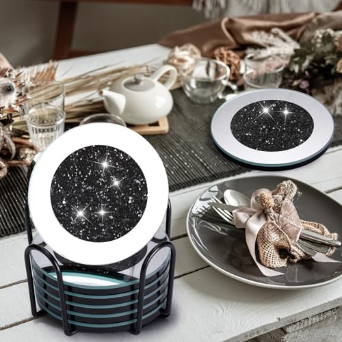 Jetec 6 Pcs Mirrored Glass Coasters with Holder, Bling, Black, 4 Inch - Image 4