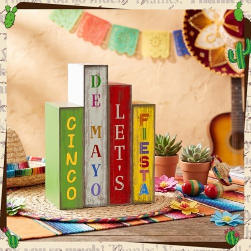 Lineshading 4 Pcs Cinco De Mayotable Decor Wooden Books Stack Mexican Sign - Image 6