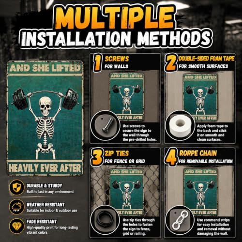Skeleton Vintage And She Lifted Heavily Ever After Metal Tin Sign 12x16 Inch Gym Metal Poster Funny Skull Gym Tin Sign Home Kitchen Garden Bar Coffee Restaurant Bathroom Are Wall Decor - Image 4