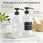 Glass Soap Dispenser Set of 2 (White) with Silicone Tray | Hand and Dish Soap Dispenser for Kitchen and Bathroom | 16.8 Oz Glass Bottles with Stainless Steel Pump & 15 Waterproof Labels (White/Black) - Image 6