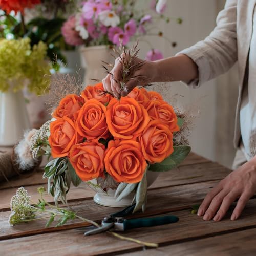 12 Pcs Artificial Rose Flowers, Silk Roses with Long Stems, Realistic Fake Roses for Wedding Centerpiece Party Home and Office DIY Decor, Orange - Image 7