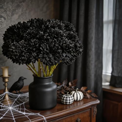 Tinsow 12PCS Halloween Artificial Flowers Black Faux Ball Chrysanthemum - Image 7