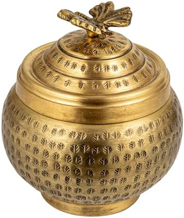 Creative Co-Op Round Hammered Metal Container with Butterfly Finial, Brass Finish by Unknown