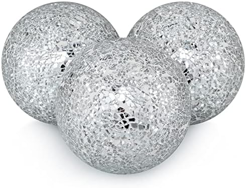 MDLUU 4" Decorative Orbs, Mosaic Sphere Balls, Centerpiece Balls for Bowls, Vases, Dining Table Decor, Pack of 3 (Silver) by MDLUU