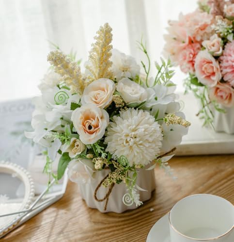 TKAS Artificial Faux Silk Fake Flowers Arrangement, Small Realistic Roses & Hydrangea in Ceramic Vase, Dining Table Centerpiece for Wedding Party Home Decoration (White) - Image 5