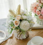 TKAS Artificial Faux Silk Fake Flowers Arrangement, Small Realistic Roses & Hydrangea in Ceramic Vase, Dining Table Centerpiece for Wedding Party Home Decoration (White) - Image 5