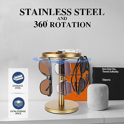 kondyfayo 360° Rotating Sunglass Organizer Storage, Stainless Steel Glasses Holder Stand, Glasses Organizer with Tray for Desk, Dresser, Tabletop, Nightstand and Home Decor (Gold) - Image 4