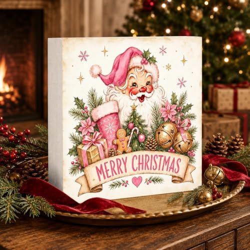 GUDIAO Christmas Decorations Pink, Vintage Merry Christmas Wood Box Sign - Image 3