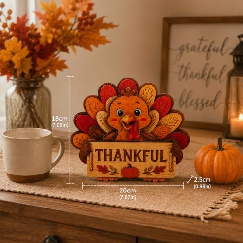 Thanksgiving Turkey Decor, Pumpkin Farmhouse Fall Sign, Wooden Thanksgiving Table Decorations for Home, Mantel, Office & Indoor, Party Shelf Decor, Vintage Colorful (Thanksgiving Turkey Decor) - Image 2
