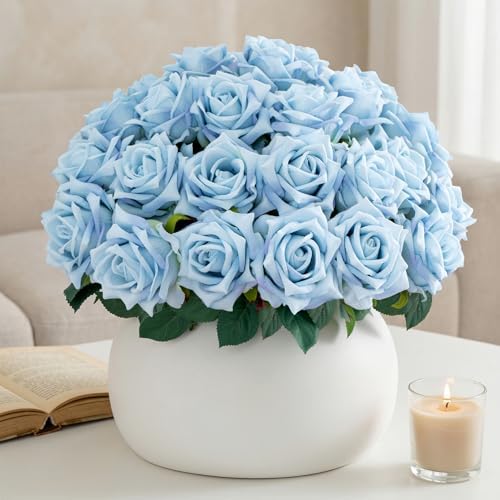 Ttranewsoo 24PCS Blue Artificial Flowers, Realistic Fake Roses with Stems for Blue Floral Arrangements, Party Centerpieces, Events, Bouquets & Home Decor, 16.5 Inch by Ttranewsoo