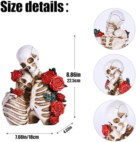 Halloween Skeleton Decor, Gothic Skeleton Couple Resin Statue with Roses - Image 2
