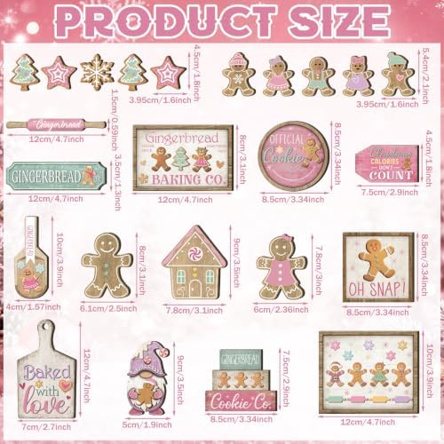 Shellwei 24pcs Pink Christmas Tiered Tray Decor Set Rustic Gingerbread Sign - Image 5