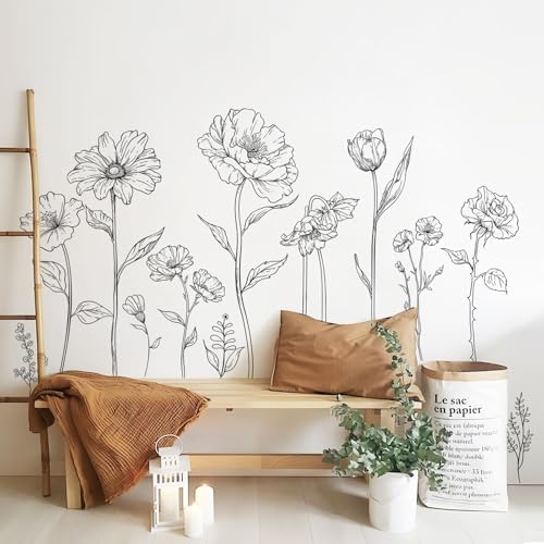 Large Black Boho Flower Wall Decals, 3 Sheets Simple Sketch Floral Wall Stickers Peony Wildflower Peel Stick Wall Art Decor Bedroom Home Room Office Garden Hall Adult Gifts for Mom(11.8x35.4 in/Sheet) - Image 5