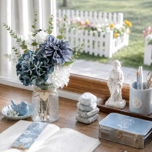 17.9" Blue Faux Flowers in Glass Vase Hydrangea Dahlias Bouquet Farmhouse - Image 6