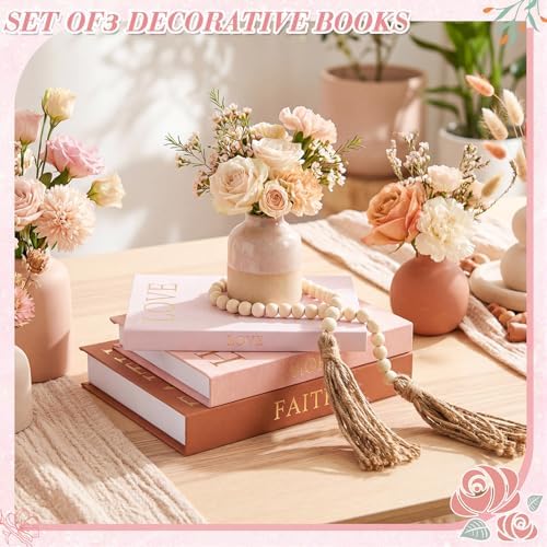 3 Set Linen Decorative Books with Beaded Garland, Classic, Dark Pink - Image 4