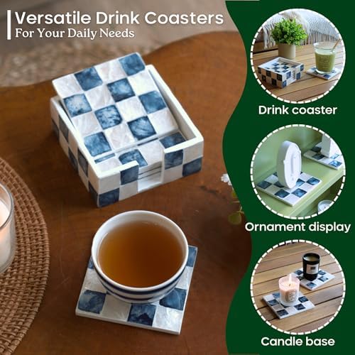 CHI AN HOME 4" Capiz Checkered Square Coasters Set 6 with Holder, Navy Blue - Image 6