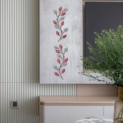 sxnzequnze 2 Set Metal Tree Leaf Wall Art for Home Decor Living Room Bedroom Dining Room Bling Rhinestone, 3D, Iron Branch Hanging Leaf Sculpture Art Pieces -Red 16.5in*6.7in - Image 6