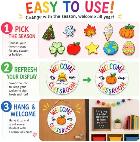 Fall Classroom Decor, Welcome to Our Classroom Sign, Classroom Door Sign with Seasonal Icons, Teacher Classroom Decor, Back to School Decorations, Teacher Door Hanger for Preschool Kindergarten Elementary - Image 3