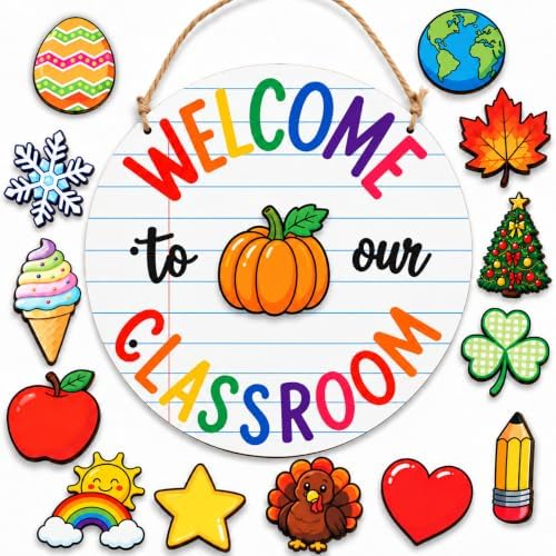 Fall Classroom Decor, Welcome to Our Classroom Sign, Classroom Door Sign with Seasonal Icons, Teacher Classroom Decor, Back to School Decorations, Teacher Door Hanger for Preschool Kindergarten Elementary by EmotionalUplifting