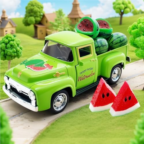 Watermelon Decor, 5.7-Inch Vintage Green Metal Pickup Truck with Resin Watermelons, Summer Tiered Tray Decor for Farmhouse Kitchen Table Shelf Mantel Party Centerpiece - Image 2