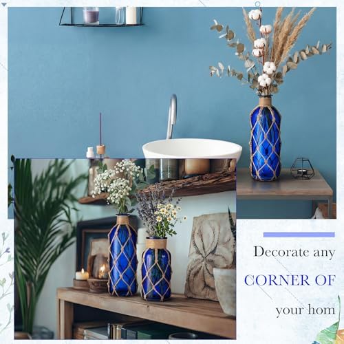 Chuangdi Set of 2 Coastal Glass Flower Vase with Boho Rope, Deep Sea Blue - Image 4