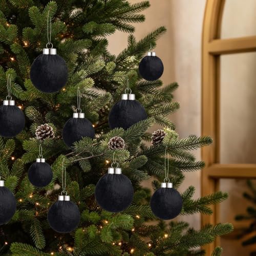 Velvet Christmas Ball Ornaments - 30pcs Flocked Christmas Ornaments Set Shatterproof Classic Hanging Xmas Tree Decorations with Rope for Wreath Holiday Home Decor (Black) - Image 5