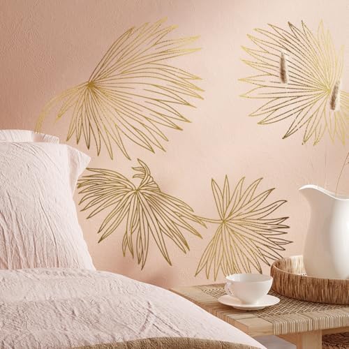 Gold Metallic Wall Decals Peel and Stick Floral Wall Stickers Large Sketch Minimal Line Transfer for Women Living Room Bedroom Decor, Monstera Leaves by Flortlias