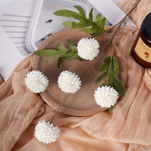 10Pcs 20.5" Artificial Pompon Mum Silk Flower Stems, Fake Chrysanthemum Ball Faux Flowers for Vase, Fall Floral Stems for Indoor Home Decor Wedding Centerpieces, White (No Vase) - Image 4