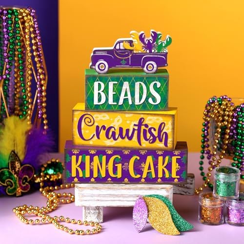 Marsui 4 Pcs Mardi Gras Decorations Mardi Gras Centerpieces Table Decorations Farmhouse Wooden Tabletop Blocks Sign for Home Party Rustic Tiered Tray Shelf Office Carnival Decor - Image 5