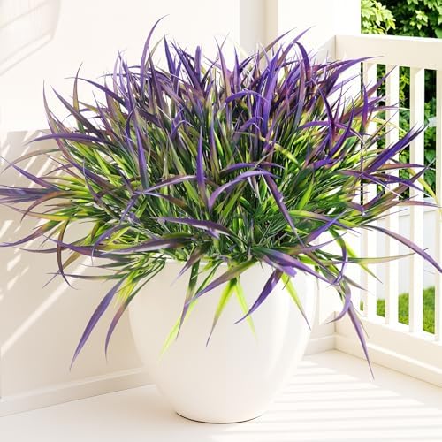 Uieke 12 Bundles Artificial Outdoor Plants UV Resistant Fake Grass Plants Faux Plastic Plants Greenery Shrubs for Home Garden Pathway Window Box Front Porch Cemetery Spring Summer Decor, Purple by Uieke
