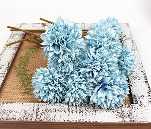 Tinsow 12PCS Artificial Ball Chrysanthemum Faux Flowers Bouquet Light Blue - Image 4