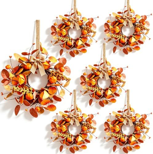 6 Pcs Small Fall Hanging Wreaths with Artificial Autumn Eucalyptus Leaves Mini Pumpkins Berry Clusters Burlap Ribbon Mini Cabinet Wreath for Home Kitchen Farmhouse Thanksgiving Harvest Party Decor by Unknown