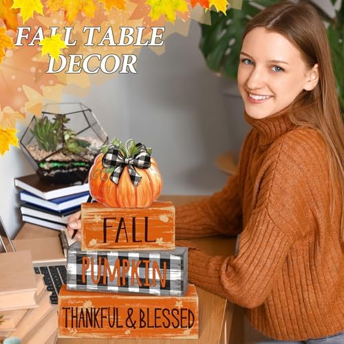 4 Pcs Fall Decor for Home Buffalo Plaid Pumpkin Wooden Signs with Blessed - Image 5
