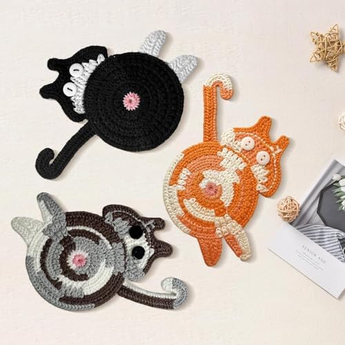 Drink Coaster, Woven Creative Coasters for Cat Lovers, Gag Gifts Cat Coffee Coaster for Desk Accessories Home Decor Tabletop Protection(Cat-4PCS) - Image 6